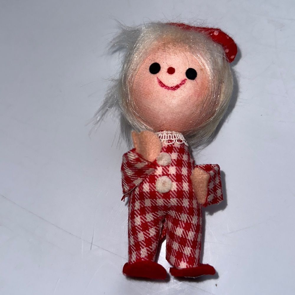 Vintage cloth little girl in red & white checked pajamas Christmas tree ornament